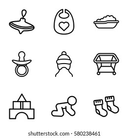 toddler vector icons. Set of 9 toddler outline icons such as pacifier, baby socks, whirligig, baby bath, toy tower
