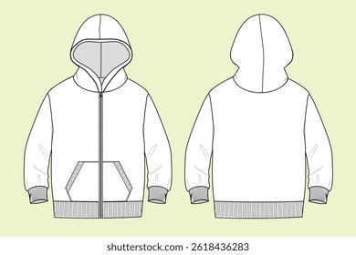 Toddler zip though hoodie technical drawing fashion flat illustration sketch vector illustration template front and back views outline CAD mockup