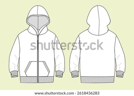 Toddler zip though hoodie technical drawing fashion flat illustration sketch vector illustration template front and back views outline CAD mockup
