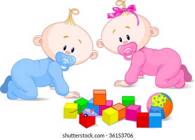 Toddlers babes-twins (boy and girl) and the toys