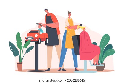 Toddlers Barbershop, Child Beauty Concept. Hairdresser Salon for Children, Master Cut Hairs and Making Hairstyle to Little Boy and Teen Girl Sitting in Chairs. Cartoon People Vector Illustration