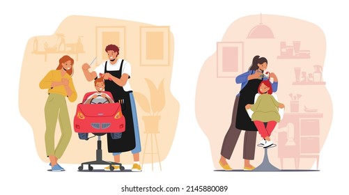 Barbería infantil, concepto de belleza infantil. Salón de peluquería para niños, Cabellos de corte maestro y Hairstyle para el niño pequeño en silla de auto y la niña sentada en herramienta. Ilustración de vectores de personas de caricatura