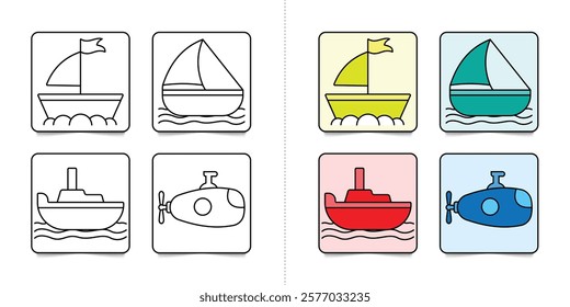 Toddlers boats or yacht, set of kindergarten kids coloring pages with flat colorful illustration for inspiring isolated on white background