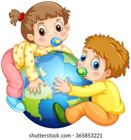 Toddlers boy and girl hugging the earth illustration