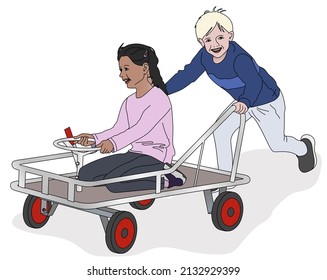 Toddlers boy and girl playing outside in the school yard with a push cart