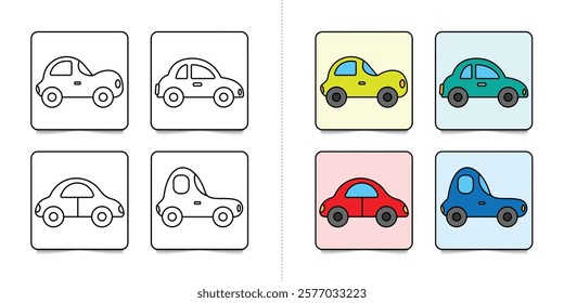 Toddlers cars or vehicles, set of kindergarten kids coloring pages with flat colorful illustration for inspiring isolated on white background