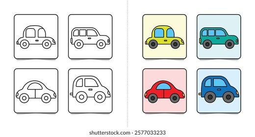 Toddlers cars or vehicles, set of kindergarten kids coloring pages with flat colorful illustration for inspiring isolated on white background