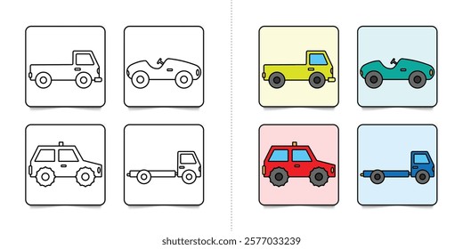 Toddlers cars or vehicles, set of kindergarten kids coloring pages with flat colorful illustration for inspiring isolated on white background