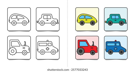 Toddlers cars or vehicles, set of kindergarten kids coloring pages with flat colorful illustration for inspiring isolated on white background