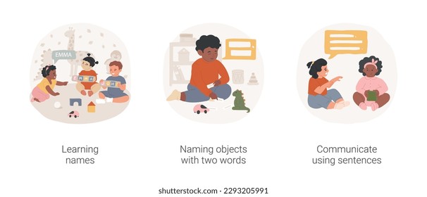 Toddlers communication skills isolated cartoon vector illustration set. Learning names, naming objects with two words, communicate using sentences, early education, language vector cartoon.