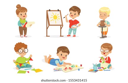 Toddlers are engaged in creativity. Vector illustration.