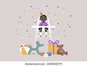 Toddlers Joyful Birthday Celebration With Colorful Confetti, A delighted kid sits on a highchair amidst a festive array of toys and decorations