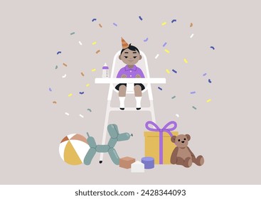 Toddlers Joyful Birthday Celebration With Colorful Confetti, A delighted kid sits on a highchair amidst a festive array of toys and decorations