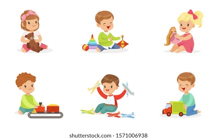 Toddlers play with different toys. Vector illustration.