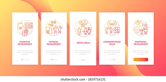 Toddlers preschool education onboarding mobile app page screen with concepts. Interpersonal skills. Walkthrough 5 steps graphic instructions. UI vector template with RGB color illustrations