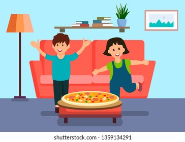 Toddlers Running for Pizza Vector Illustration. Hungry Siblings Eating Italian Food. Happy Brother and Sister Cartoon Characters. Toddlers Playing at Home. Shelf with Books, Picture Hanging on Wall