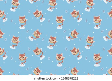 Toddlers seamless pattern of little cartoon rufous foxes in clothes skating on ice and Christmas trees with white outlines like stickers on a blue background. Childish endless texture. Vector.