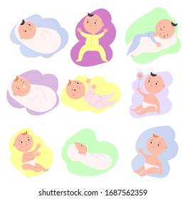 Toddlers set. Cartoon baby in different positions. Newborn child, little Kid sleep, sit, play. vector collection of clip art