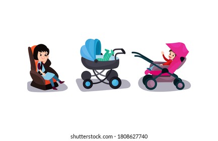 Toddlers Sitting in Baby Carriage and Booster Chair Vector Illustration Set