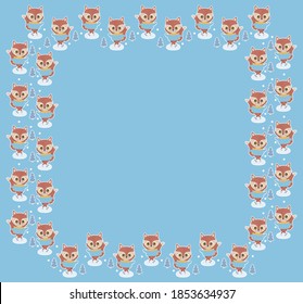 Toddlers square frame with place for text of little cartoon rufous foxes in clothes skating on ice and Christmas trees with white outlines on a blue background. Childish winter template. Vector.