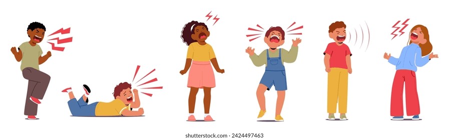 Toddlers Unleashes Piercing Screams, Thrashing Limbs, And Tears In The Midst Of A Tantrum, Expressing Frustration And Emotional Turmoil In A Chaotic Display Of Distress. Cartoon Vector Illustration