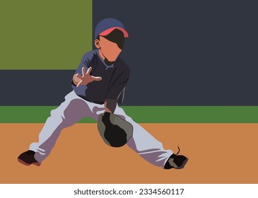 Pequeños beisbolistas y campos de béisbol juvenil, béisbol de pequeños rookies. El captador se prepara para atrapar la pelota