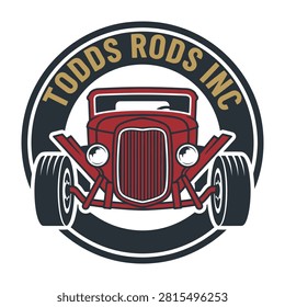 Todds Rods Inc logo featuring a classic red hot rod car front view