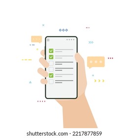 To-do App On Phone With Checklist And Done Checkmarks. Check Marks And Done Symbol. Hand Holding Smartphone With Todo App. Flat Style Vector Illustration. Phone And List App.