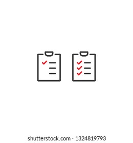 To-do check list with ticks and points. Clipboard with check marks. Black and red line squared flat icon isolated on white. Portfolio symbol. Vector illustration. 