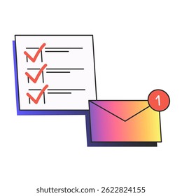 To-do checklist, mail with notification. Email marketing. Daily tasks. Online workflow concept. Newsletter checklist. Vector flat illustration, gradient elements