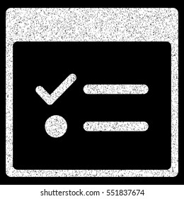 Todo Items Calendar Page grainy textured icon for overlay watermark stamps. Flat symbol with dirty texture. Dotted vector white ink rubber seal stamp with grunge design on a black background.