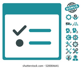 Todo Items Calendar Page icon with bonus setup tools images. Vector illustration style is flat iconic symbols, soft blue, white background.