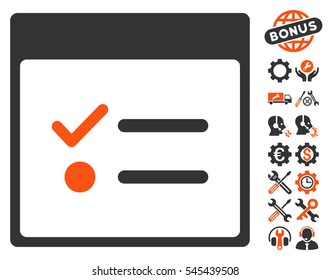 Todo Items Calendar Page icon with bonus setup tools pictures. Vector illustration style is flat iconic symbols, orange and gray, white background.