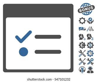Todo Items Calendar Page icon with bonus service pictures. Vector illustration style is flat iconic symbols, cobalt and gray, white background.