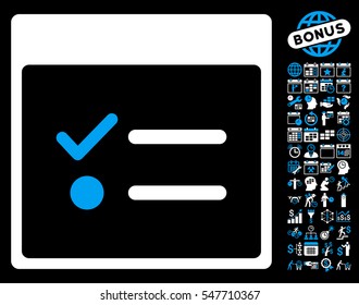 Todo Items Calendar Page icon with bonus calendar and time management clip art. Vector illustration style is flat iconic symbols, blue and white, black background.
