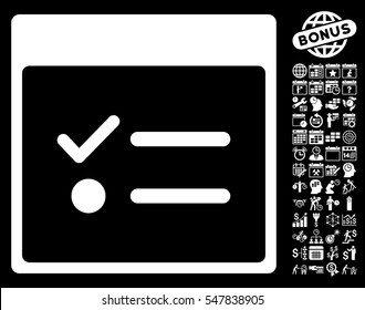 Todo Items Calendar Page icon with bonus calendar and time management symbols. Vector illustration style is flat iconic symbols, white, black background.