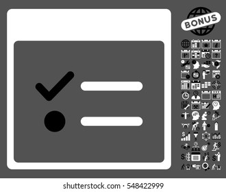 Todo Items Calendar Page icon with bonus calendar and time management pictures. Vector illustration style is flat iconic symbols, black and white, gray background.