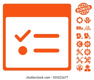 Todo Items Calendar Page icon with bonus settings design elements. Vector illustration style is flat iconic symbols, orange, white background.