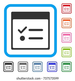 Todo Items Calendar Page icon. Flat grey iconic symbol in a light blue rounded rectangular frame. Black, gray, green, blue, red, orange color versions of Todo Items Calendar Page vector.