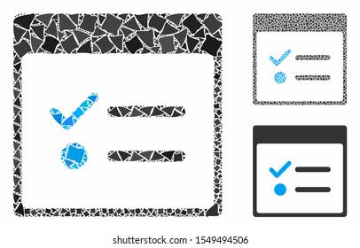 Todo items calendar page mosaic of trembly pieces in different sizes and shades, based on todo items calendar page icon. Vector tuberous pieces are combined into mosaic.
