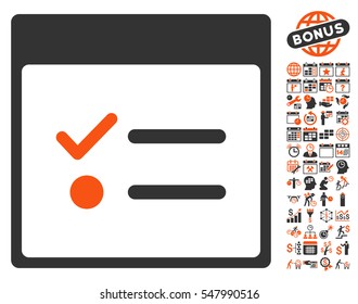 Todo Items Calendar Page pictograph with bonus calendar and time management design elements. Vector illustration style is flat iconic symbols, orange and gray, white background.