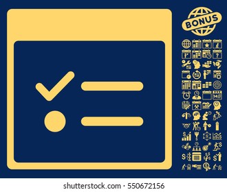Todo Items Calendar Page pictograph with bonus calendar and time management pictures. Vector illustration style is flat iconic symbols, yellow, blue background.