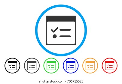 Todo Items Calendar Page vector rounded icon. Image style is a flat gray icon symbol inside a blue circle. Additional color variants are gray, black, blue, green, red, orange.