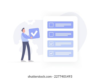 To-do list app concept features task management and reminders, with check mark list. Person holding check mark, symbolizing completion of task or solution to problem. Flat illustration background