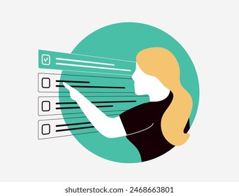 To-do list App - reminder interface with check marks. Task management software. Young girl selects next completed task - making to-do list shorter and getting closer to goal. Vector illustration
