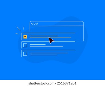 Aplicativo de lista de tarefas - interface de lembretes de gerenciamento de tarefas com marcas de seleção. Ferramenta de produtividade para manter as tarefas organizadas e em andamento. O cursor do mouse seleciona a ilustração de vetor de contorno linear da tarefa concluída