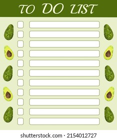 una lista de tareas pendientes con una ilustración de aguacate. Planificador de vectores.