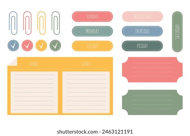 To-do list, bookmarks, frames, days of week, habit tracker. Stickers to decorate diary, notepad, scrapbooking. Cute pastel color sticker set for planner