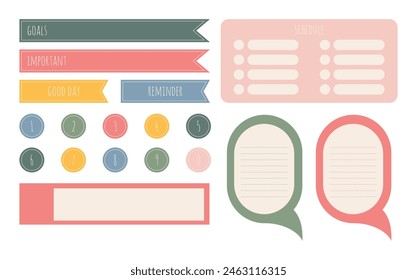 To-do list, bookmarks, frames, stickers, numbers. Cute pastel color sticker set for planner. Set of cute elements for notepad, diary, scrapbooking  