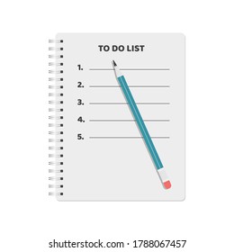 To-do list, bullet point list in a notebook with a simple pencil. Vector illustration, flat cartoon color design, isolated on white background, eps 10.